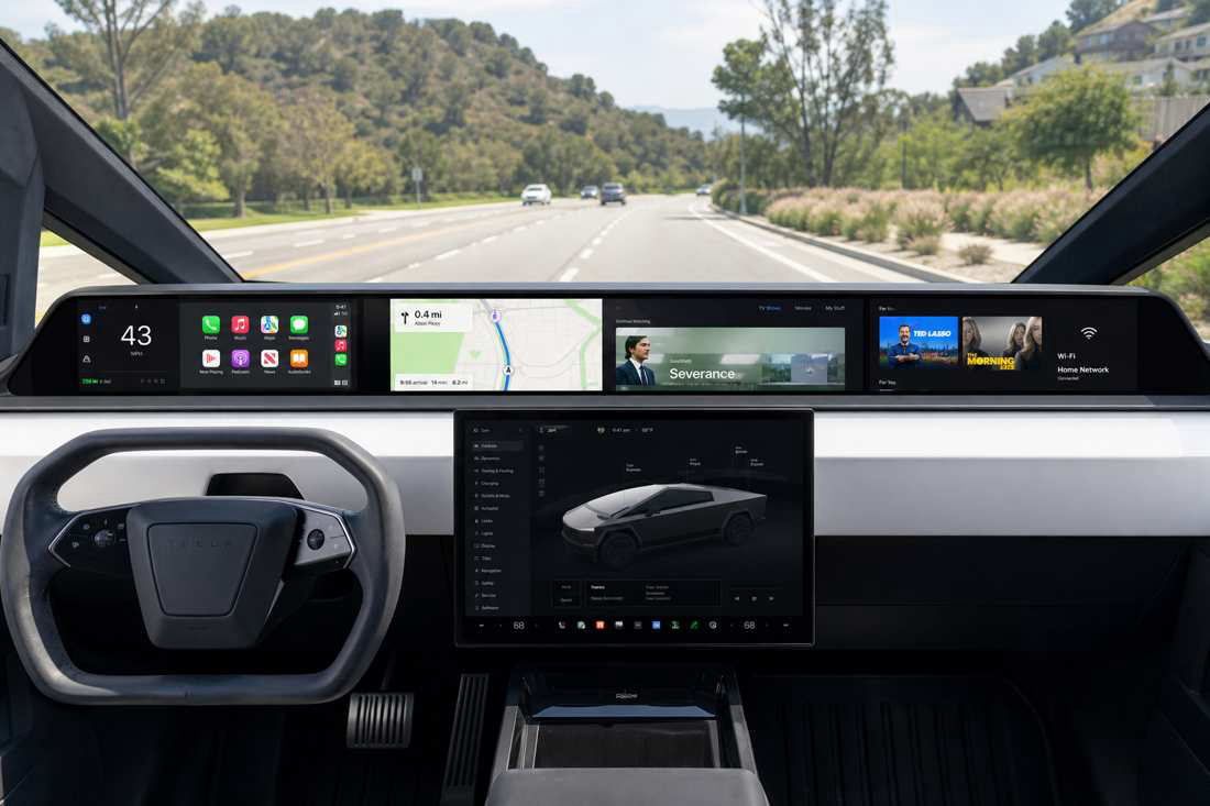 Cyberdash concept showing a continuous display bar spanning a Cybertruck dashboard, with the original Tesla screen below