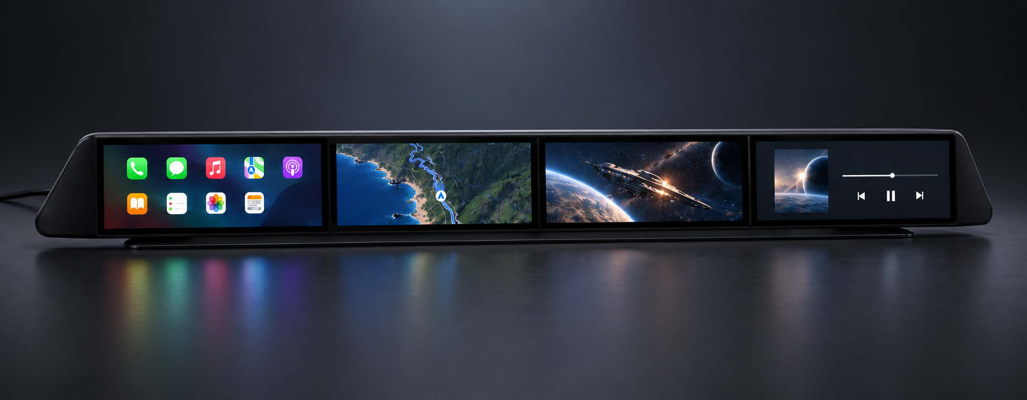 Standalone Cyberdash concept: four landscape displays in a slim continuous black housing, shown outside the vehicle